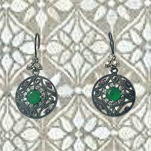 Turkish Sterling / Brass Green & Red Zircon Filigree Drop Earrings 1 7/8”